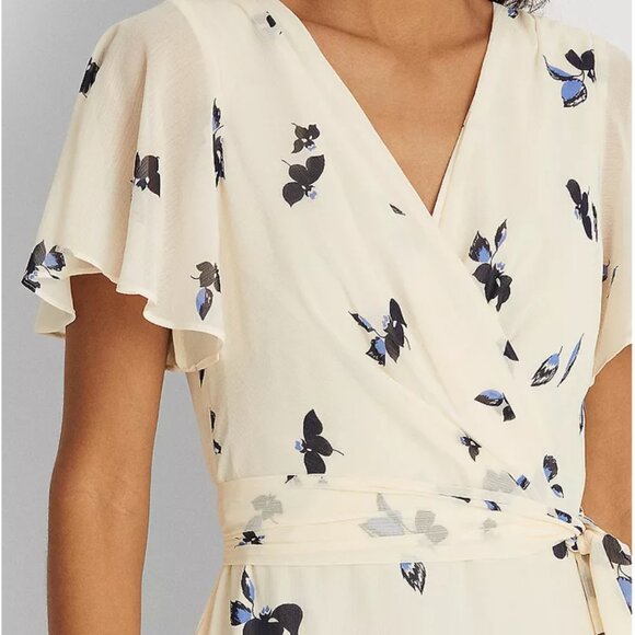 NWT Lauren Ralph Lauren Floral Wrap Dress in Cream and Blue Size 16 - Picture 2 of 3